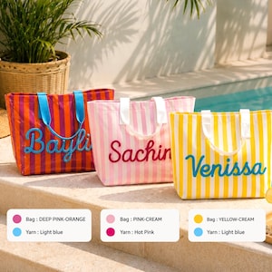 May include: Three rectangular tote bags with vertical stripes. The first is deep pink and orange with light blue handles and the name Bayli in blue yarn. The second is pink and cream with white handles and the name Sachin in hot pink yarn. The third is yellow and cream with white handles and the name Venissa in blue yarn.
