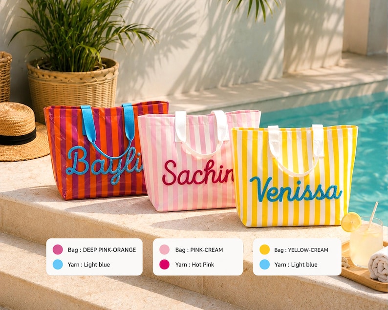 May include: Three rectangular tote bags with vertical stripes. The first is deep pink and orange with light blue handles and the name Bayli in blue yarn. The second is pink and cream with white handles and the name Sachin in hot pink yarn. The third is yellow and cream with white handles and the name Venissa in blue yarn.