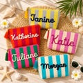 Personalized Corduroy Makeup Bag, Vacation Travel Pouch, Beach Cosmetic Bag, Striped Toiletry Organizer, Summer Gift for Her, Custom Name product logo