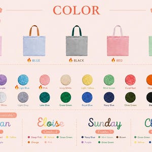 May include: A color chart displaying five tote bags in pink, blue, gray, red, and green. Below are twenty-two circular yarn color swatches including yellow, purple, blue, pink, white, and green. Four name examples show customizable text options.