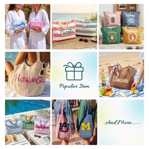 Puede incluir: Colecci&oacute;n de bolsos de mano, neceseres y cojines personalizados. Los bolsos presentan nombres e iniciales en varios colores. Los cojines tienen dise&ntilde;os universitarios. Los neceseres tienen nombres bordados.