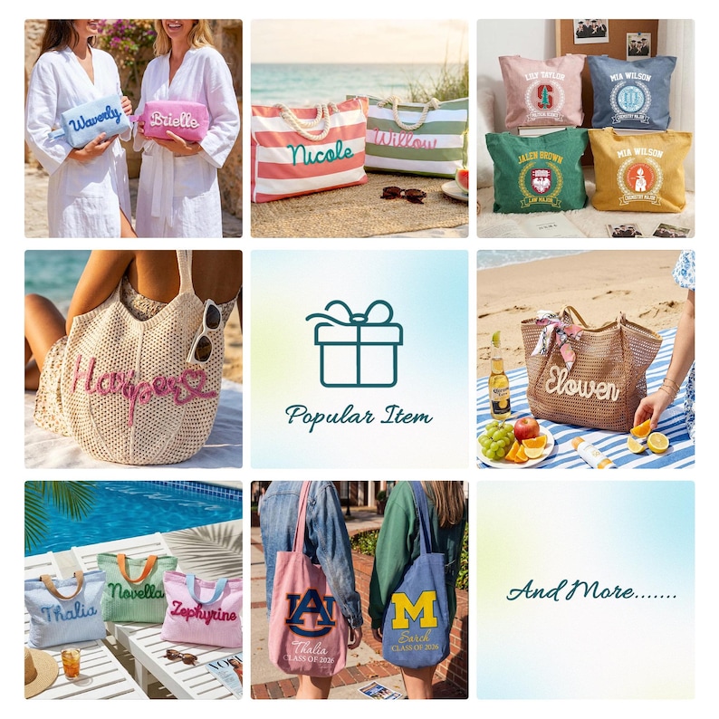 Puede incluir: Colecci&oacute;n de bolsos de mano, neceseres y cojines personalizados. Los bolsos presentan nombres e iniciales en varios colores. Los cojines tienen dise&ntilde;os universitarios. Los neceseres tienen nombres bordados.