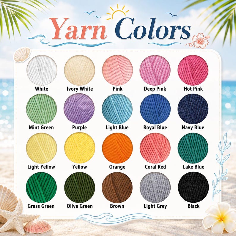 May include: A color chart titled Yarn Colors featuring twenty circular swatches of yarn in various shades including white, ivory, pink, green, purple, blue, yellow, orange, red, brown, grey, and black, each labeled with its corresponding color name.