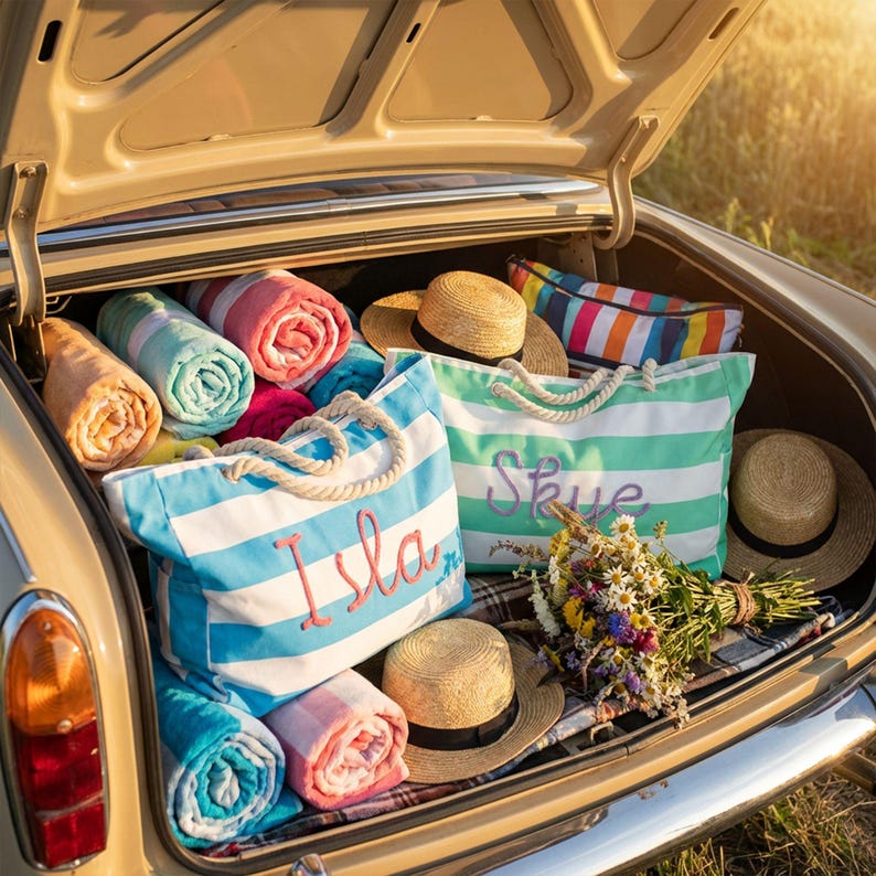 May include: Two canvas tote bags with rope handles, one featuring the name Isla in pink and the other Skye in purple, both with horizontal stripes. Included are three straw hats, several rolled colorful blankets, and a bouquet of wildflowers.