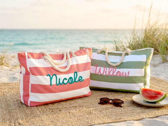 Custom Beach Bag with Zipper, Personalized Waterproof Pool Tote, Embroidered Girls Trip Bag, Summer Vacation Gift, Striped Canvas Tote