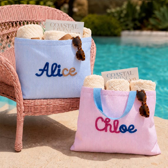 Custom Beach Bag Seersucker Tote Vacation Travel Tote Bag Tropical Vacation Bag Striped Beach Bag Embroidered Pool Side Bag Cruise Tote