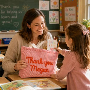 May include: A red and white pinstriped fabric tote bag featuring the embroidered orange text Thank you Megan on the front. The bag has two white fabric handles and is being held by an adult and a child in a classroom setting with a book nearby.