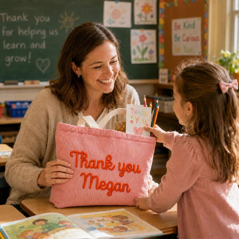 May include: A red and white pinstriped fabric tote bag featuring the embroidered orange text Thank you Megan on the front. The bag has two white fabric handles and is being held by an adult and a child in a classroom setting with a book nearby.