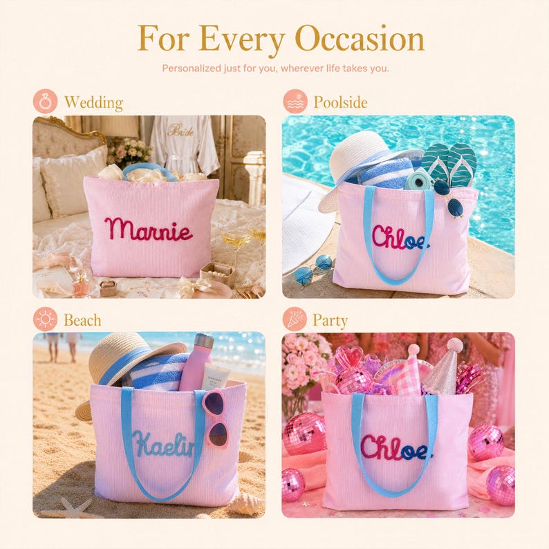 May include: A collage of four light pink tote bags with blue handles, each featuring a personalized name embroidered in colorful yarn. The text reads For Every Occasion, Wedding, Poolside, Beach, and Party, showcasing the bags in various settings.