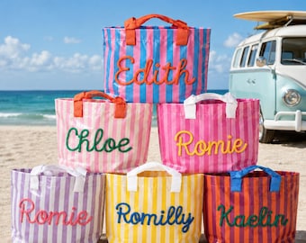 Personalized Striped PVC Beach Tote Bag, Custom Rope Name Carryall, Colorful Pool Bag, Birthday Gift for Her, Summer Vacation Shoulder Tote