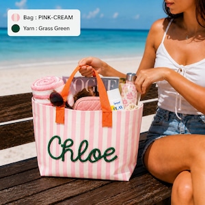 Personalized Water Resistant PVC Beach Tote, Custom Rope Name Poolside Carryall, Striped Vacation Bag, Summer Travel Tote with Zip Pocket image 10