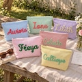 Custom Seersucker Makeup Bag, Personalized Makeup Bag with Chenille Name,Embroidered Bridesmaid Cosmetic Bag, Travel Toiletry Pouch product logo