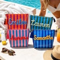 Personalized Travel Makeup Bag, Waterproof Striped Cosmetic Pouch, Custom Name Toiletry Bag for Beach Vacation