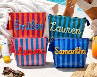 Personalized Travel Makeup Bag, Waterproof Striped Cosmetic Pouch, Custom Name Toiletry Bag for Beach Vacation