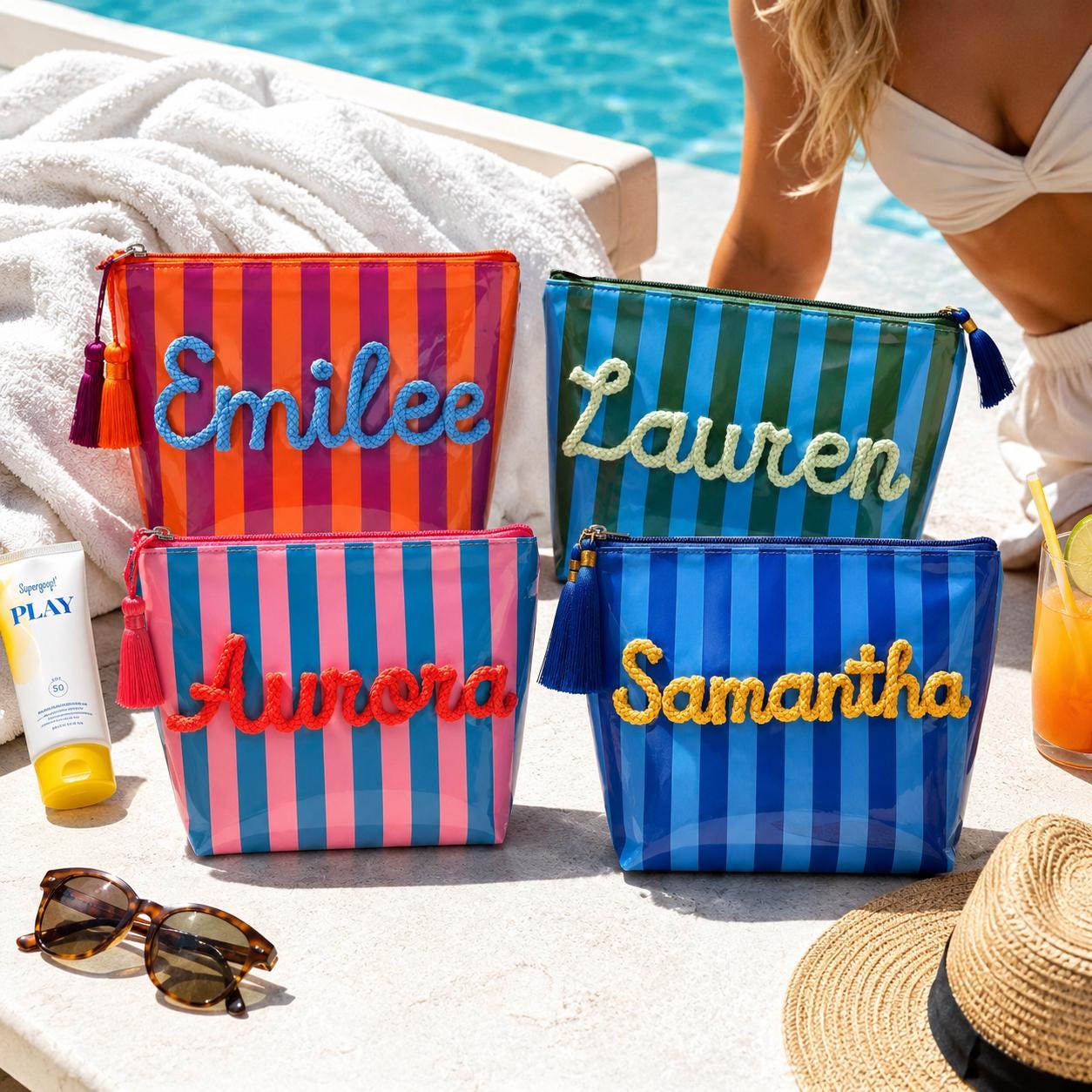 Personalized Travel Makeup Bag, Waterproof Striped Cosmetic Pouch, Custom Name Toiletry Bag for Beach Vacation