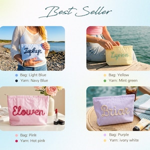 Puede incluir: Cuatro neceseres en azul claro, amarillo, rosa y morado, cada uno con un nombre bordado en un color contrastante. La bolsa azul claro tiene "Zephyr" en azul marino. La bolsa amarilla tiene "Lynna" en verde menta. La bolsa rosa tiene "Elowen" en rosa intenso. La bolsa morada tiene "Briar" en blanco marfil.