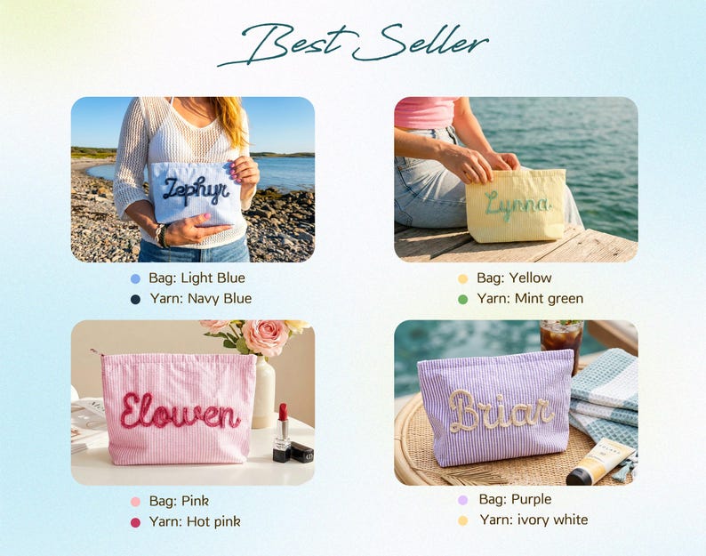 Puede incluir: Cuatro neceseres en azul claro, amarillo, rosa y morado, cada uno con un nombre bordado en un color contrastante. La bolsa azul claro tiene "Zephyr" en azul marino. La bolsa amarilla tiene "Lynna" en verde menta. La bolsa rosa tiene "Elowen" en rosa intenso. La bolsa morada tiene "Briar" en blanco marfil.