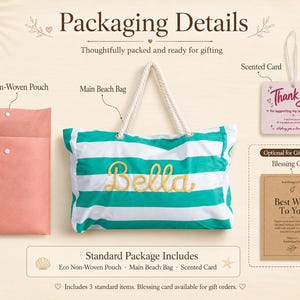 May include: A beach bag with green and white horizontal stripes and the name Bella in yellow script, a pink eco non-woven pouch with a snap closure, a scented card with Thank You text, and a brown blessing card with Best Wish To You text.