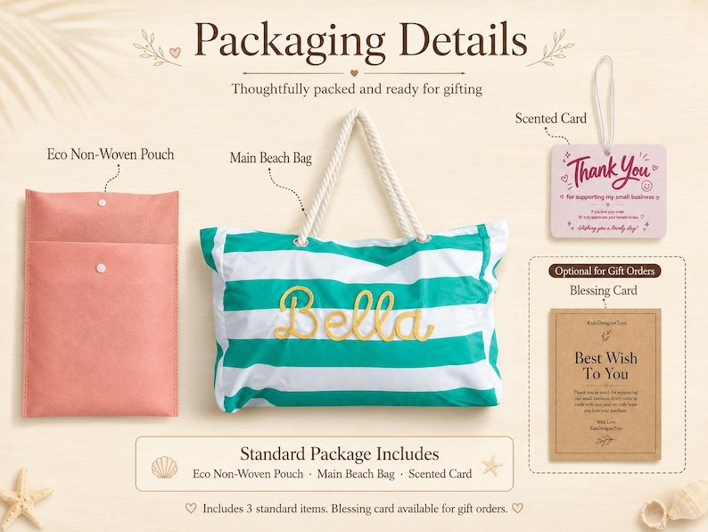 May include: A beach bag with green and white horizontal stripes and the name Bella in yellow script, a pink eco non-woven pouch with a snap closure, a scented card with Thank You text, and a brown blessing card with Best Wish To You text.