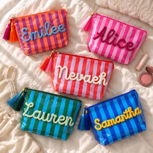 Personalized Travel Makeup Bag, Waterproof Striped Cosmetic Pouch, Custom Name Toiletry Bag for Beach Vacation