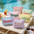 Custom Seersucker Makeup Bag Vacation Travel Pouch Personalized Chenille Name Toiletry Bag Summer Beach Bag Organizer Cosmetic Gift for Her