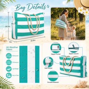 May include: A teal and white striped tote bag with rope handles, measuring 14.5 inches high, 20.8 inches wide, and 6 inches deep. Features include a zipper closure, a side pocket, and a zipper pocket. The fabric is waterproof and oil resistant.