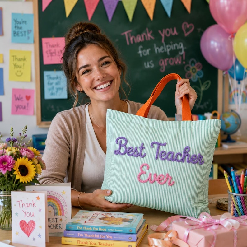 May include: A light green and white pinstriped tote bag with orange handles. The text Best Teacher Ever is embroidered on the front in purple and pink script. The bag is made of fabric and features a rectangular shape with two top handles.