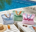 Personalized Beach Bag Custom Girls Trip Tote Bag Summer Vacation Gift Monogrammed Seersucker Pool Bag for Women Waterproof Lining Bag