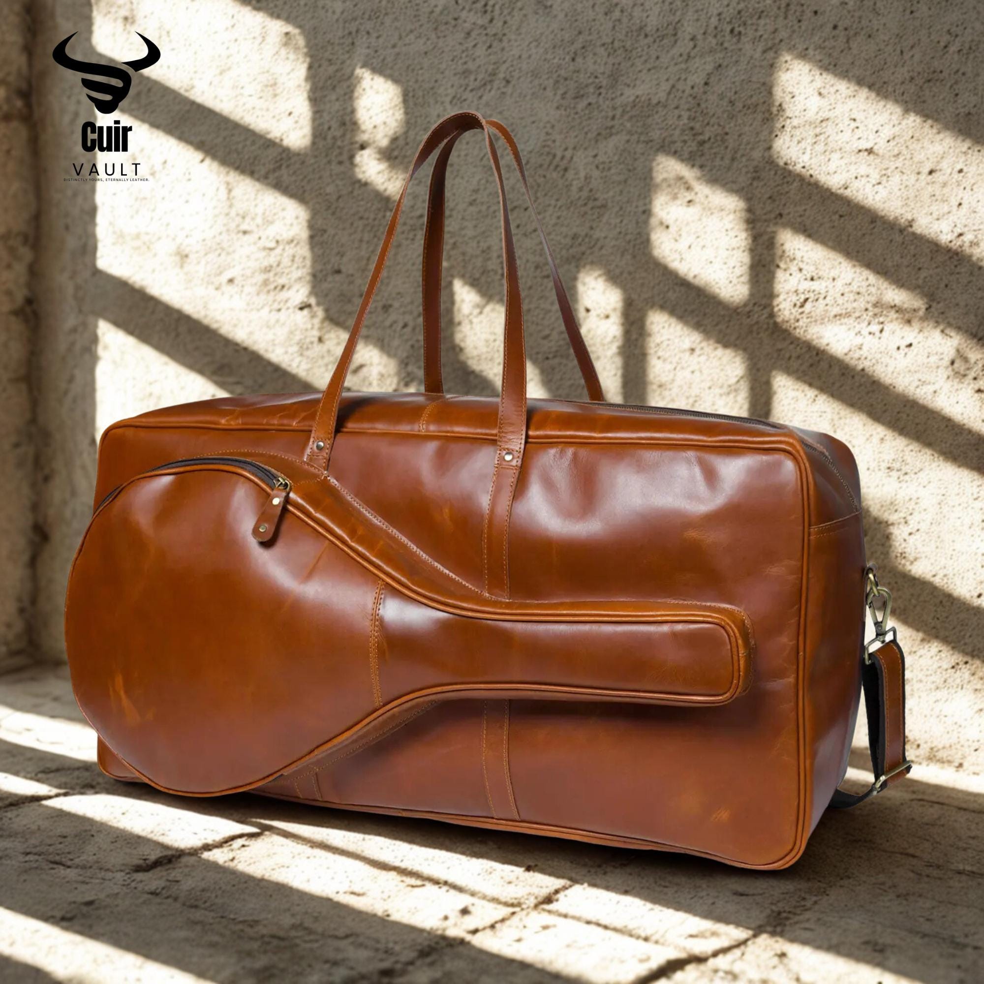 Handcrafted Buffalo Leather Tennis Duffle Bag, Tan Full-Grain Weekender Travel Gift for Men