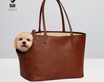 Genuine Cowhide Leather Pet Carrier Tote Bag for Small Dogs & Cats