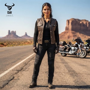 May include: A brown leather waistcoat with a button-up front, two chest pockets, and silver-toned hardware. The waistcoat is worn over a black long-sleeve shirt, paired with black trousers and brown leather gloves, standing on a paved road in a desert landscape.