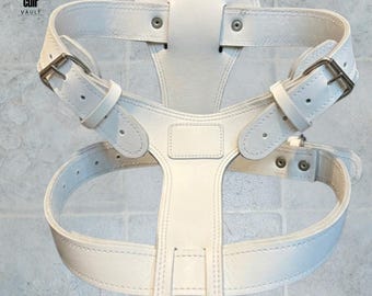 White Leather Dog Harness with Custom Engraving – Handmade Adjustable Pet Gear