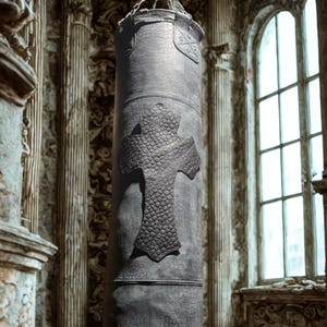 May include: A cylindrical, gray punching bag with a textured cross design. The bag has a chain at the top and a shield emblem. The background features a window and architectural columns, suggesting a historical or gothic setting.