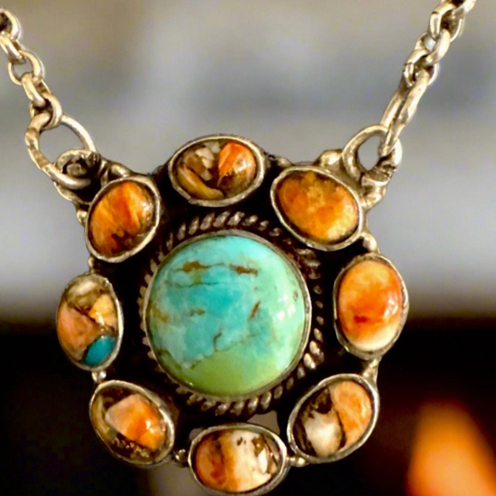 Sonoran Gold Turquoise & Spiny Oyster Cluster Necklace 18” Adjustable