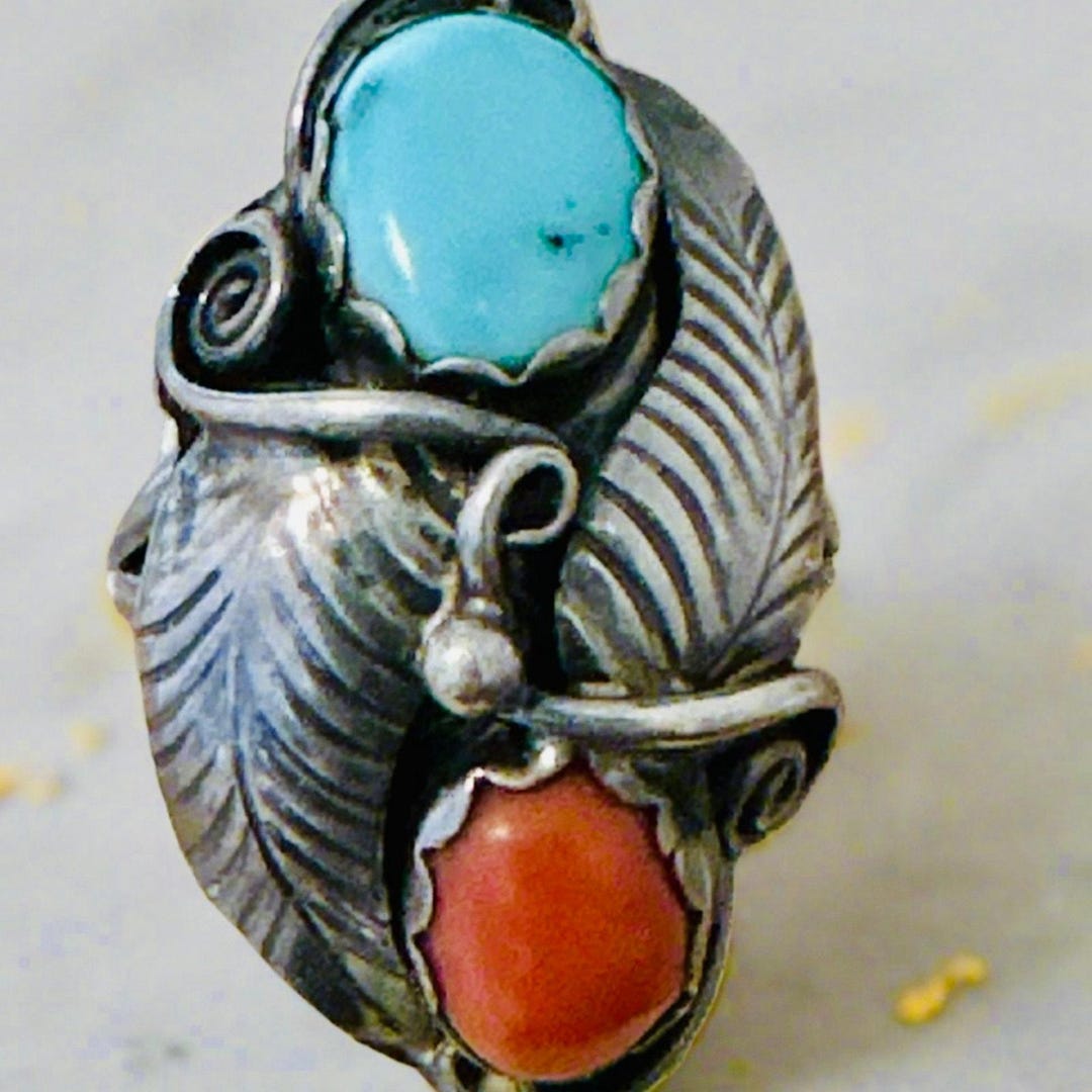 Vintage Native American Turquoise & Coral Leaf Design Ring Size 6 - Etsy