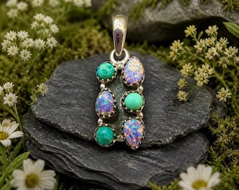 Balloon Opal & Kingman Turquoise Pendant Dainty 1” 925 Silver