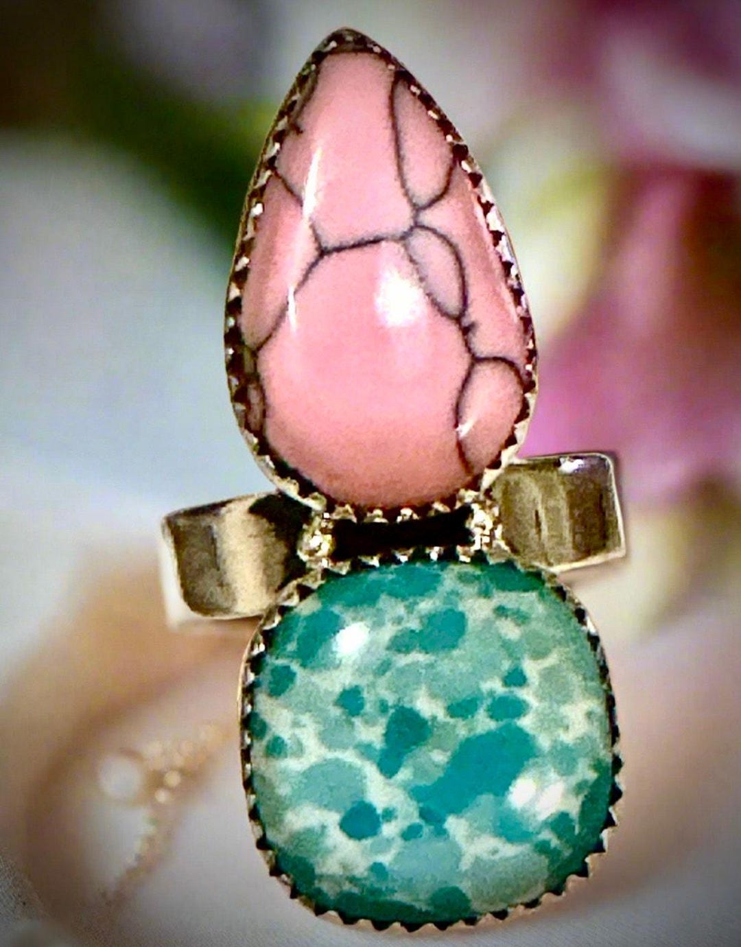 Blue & Pink Gibbsite Statement Ring | Sterling | Teardrop | Adjustable ...
