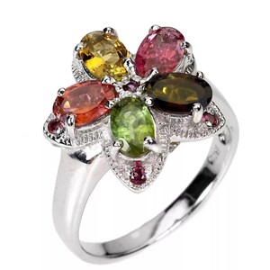 Tanzanite, Citrine, Rhodolite, Peridot Flower Ring in .925 Sterling SZ 8