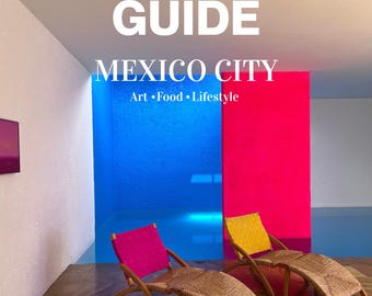 May include: A travel guide cover for Mexico City, featuring the text "TRAVEL GUIDE MEXICO CITY Art • Food • Lifestyle." Two lounge chairs with pink and yellow cushions are in front of blue and red walls. The guide is by Artemvita, 2025-2026.