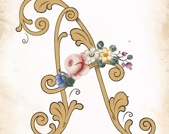 Gold Floral Letter A Monogram Print – Elegant Alphabet Art (Digital Download)
