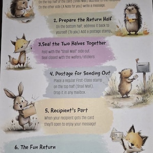 May include: A postcard with instructions on how to use it, featuring illustrations of woodland animals. The text explains how to write a message, prepare the return half, seal the halves, add postage, and the recipient's part. The postcard is from YoungstarCreations.etsy.com.
