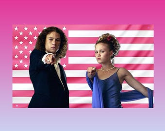 Patrick and Kat Pink US Flag | 10 Things I Hate About You Couple Wall Tapestry | Y2K Dorm Room Decor | 90s Fan Gift - Heath Ledger tribute