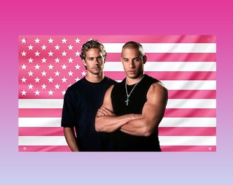 Fast & Furious Flag Paul Walker Dom Toretto Pink US Flag, Street Racing Aesthetic, Frat Room Car Movie Decor