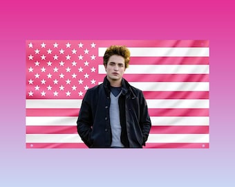 Edward Cullen Pink American Flag Tapestry – Twilight Wall Flag | Vampire Aesthetic Dorm Decor - Hot Robert Pattinson Pink US Flag