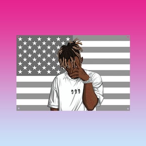 May include: Illustration of a person with dreadlocks, wearing a white t-shirt with the number "999" on it. The background features a gray-scale American flag. The person is wearing a watch and has their hand up to their face.