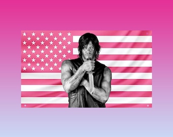 Norman Reedus Pink US Flag | Daryl Dixon Hot Actor Tapestry | Walking Dead Aesthetic Decor | Pink American Wall Flag
