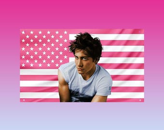 Jake Gyllenhaal Flag | Vintage Hot Guy Tapestry | Pink USA Flag Aesthetic | 2000s Movie Star Decor | Retro Celebrity Wall Art