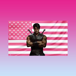 May include: A pink American flag with white stars and stripes. A muscular person with crossed arms stands in front of the flag, wearing a black leather vest and carrying two swords on their back. The background transitions from pink to blue.