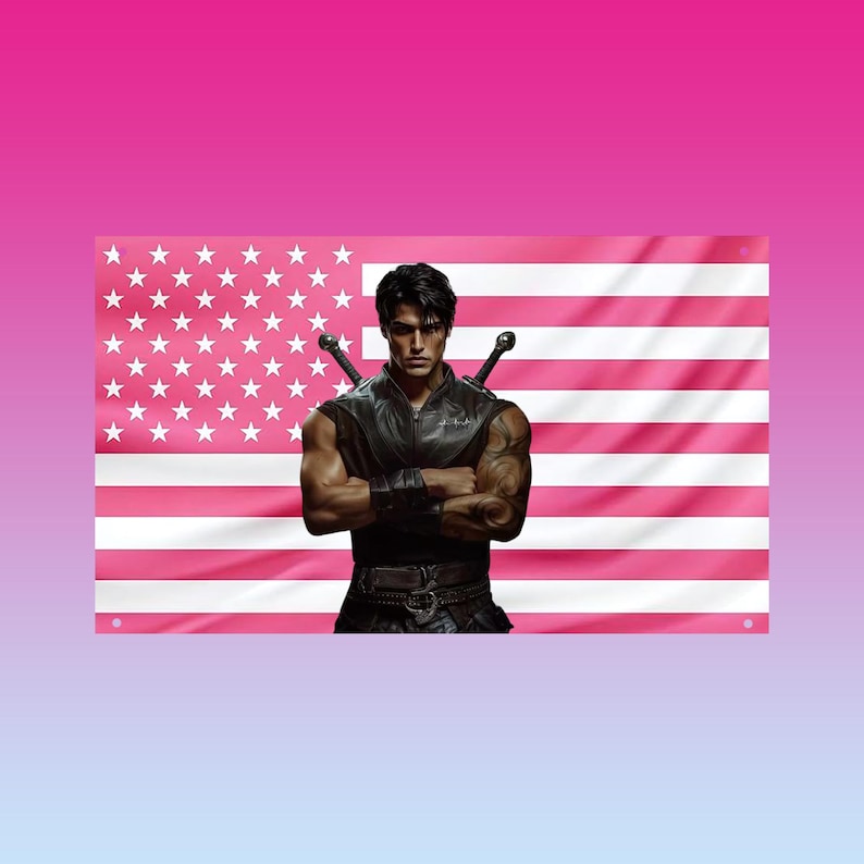 May include: A pink American flag with white stars and stripes. A muscular person with crossed arms stands in front of the flag, wearing a black leather vest and carrying two swords on their back. The background transitions from pink to blue.
