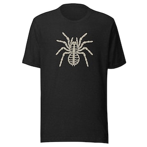 May include: Dark grey t-shirt with a beige spider skeleton design. The graphic is centered on the chest. The t-shirt has a crew neck and short sleeves. The design is a detailed illustration of a spider's skeletal structure.